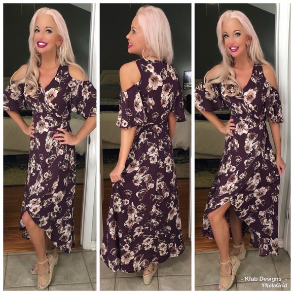 🛍LAST 1! Plum Floral Hi Lo Cold Shoulder Maxi! - Picture 2 of 6